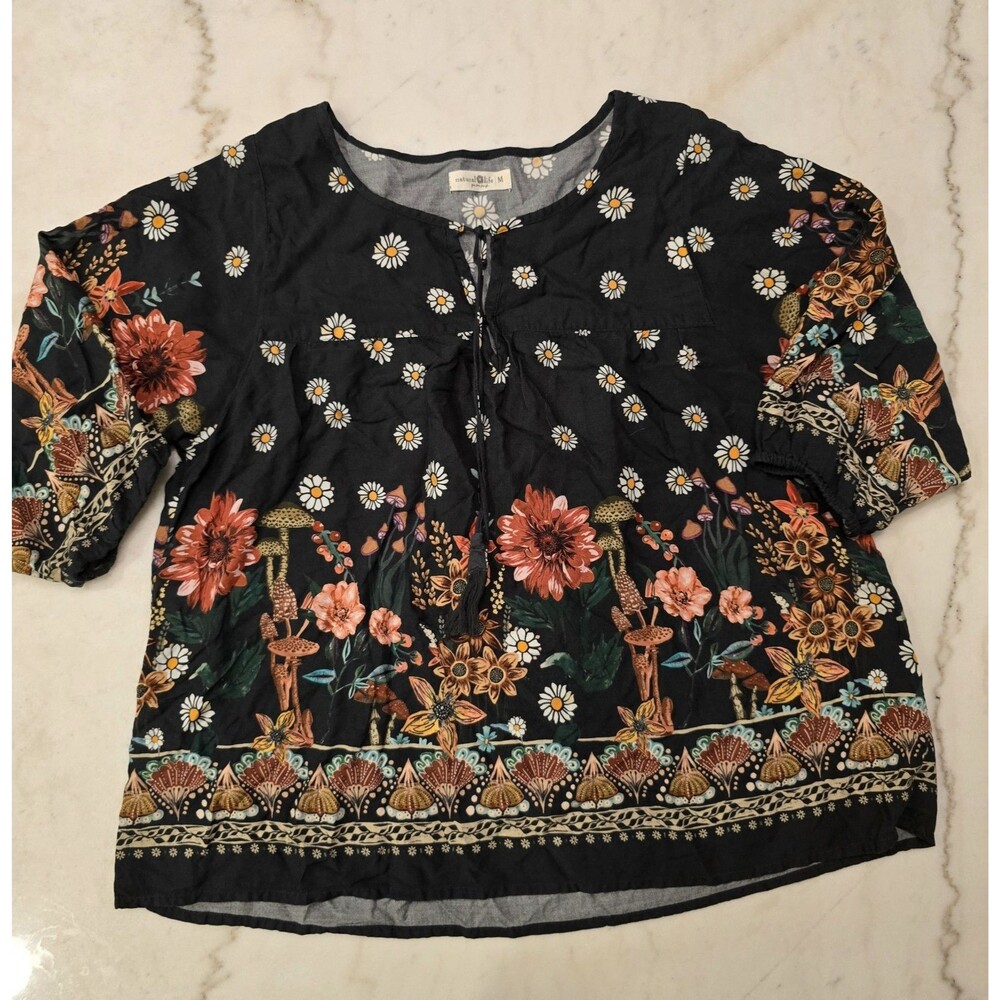 Natural Life Top Womens Medium Maribel Mushroom Print Hippie Boho Black Floral